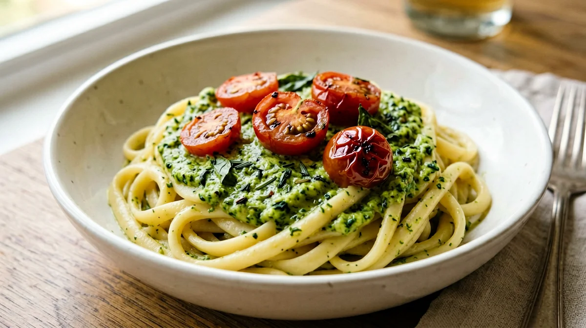 Pasta senza glutine con pesto di basilico e pomodorini confit