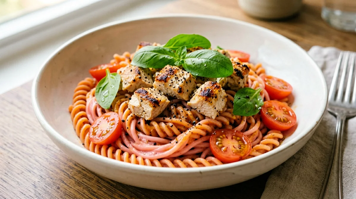 Fusilli di lenticchie rosse con pollo, pomodorini e rucola