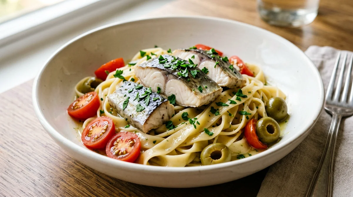 Bavette with mackerel, cherry tomatoes and olives