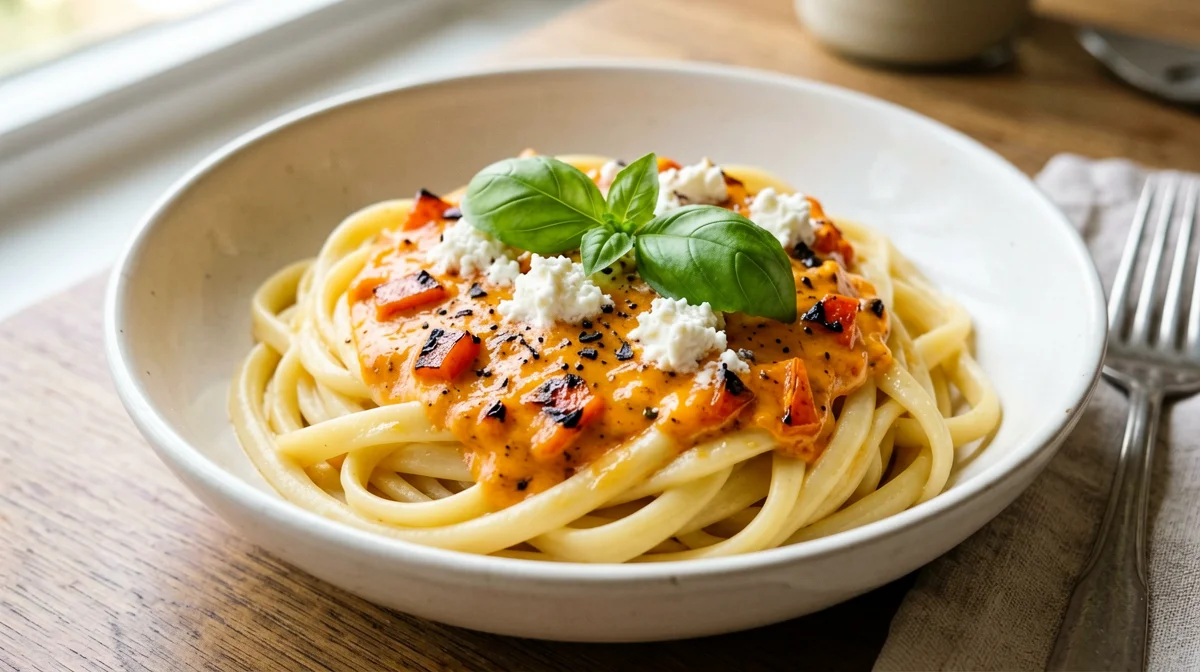 Gluten-free pasta with roasted pepper cream