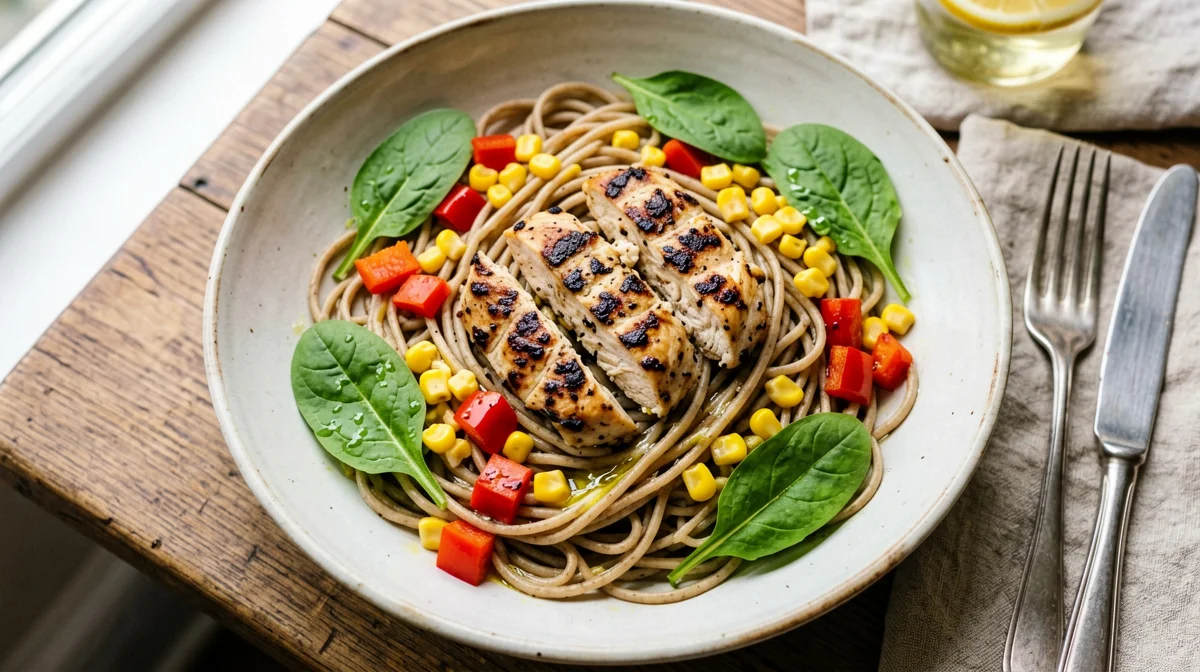 Insalata di pasta integrale con pollo, mais e peperoni