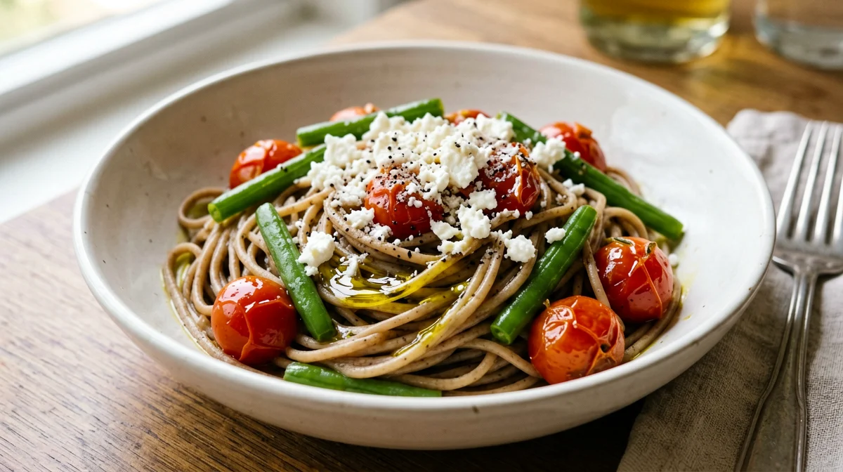Pasta integrale con fagiolini, pomodorini e ricotta salata