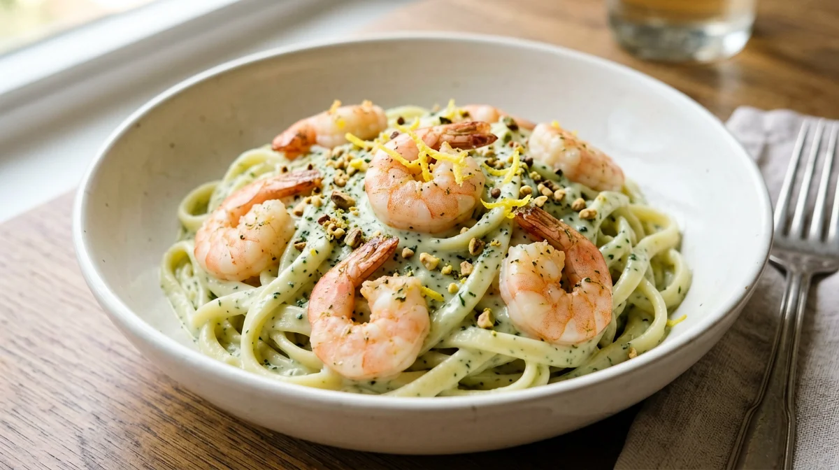 Pasta al pesto di pistacchi e gamberi