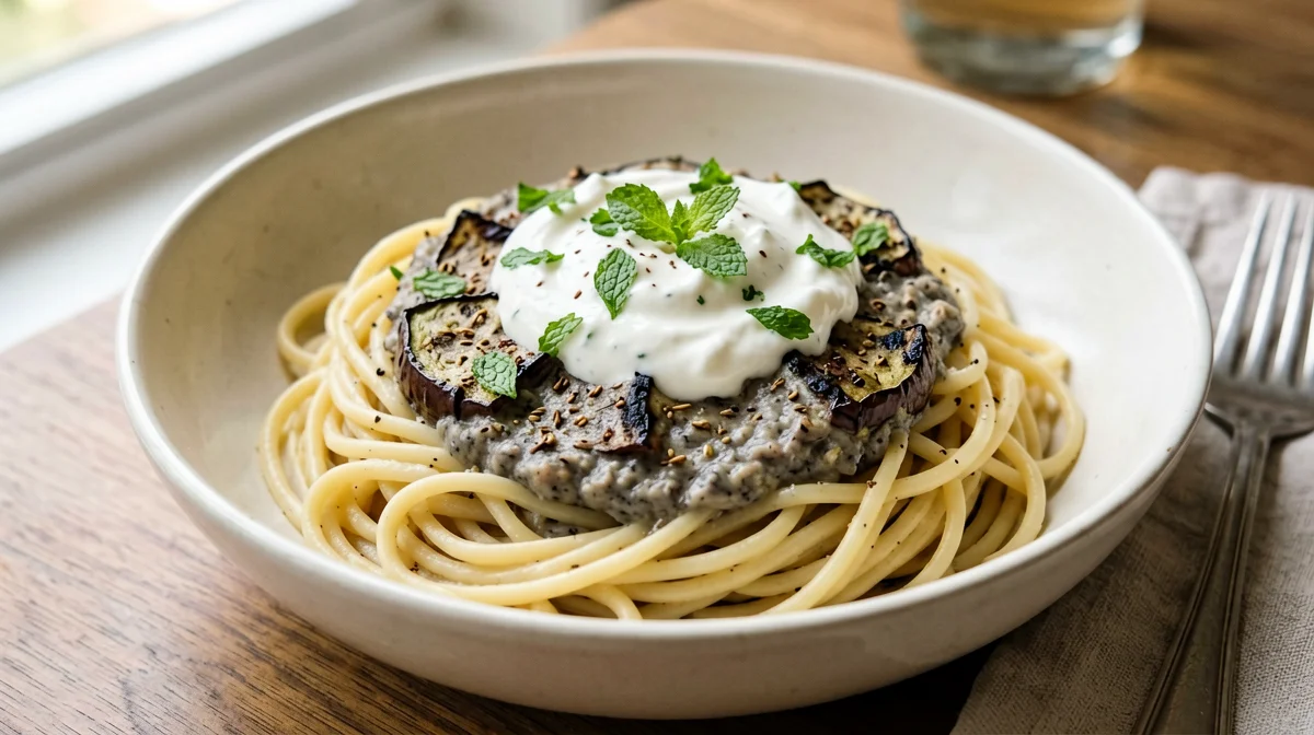 Chickpea pasta with aubergine, yogurt and mint