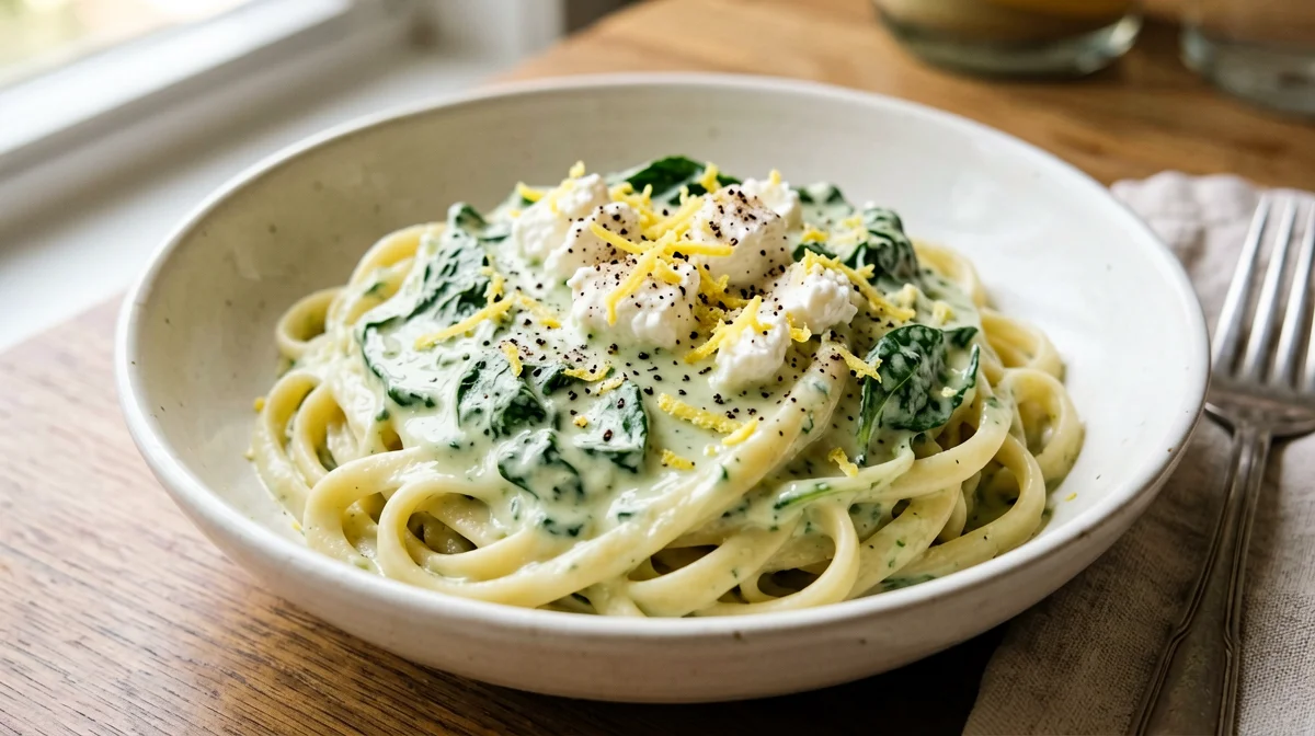 Pasta con ricotta, spinacini e limone