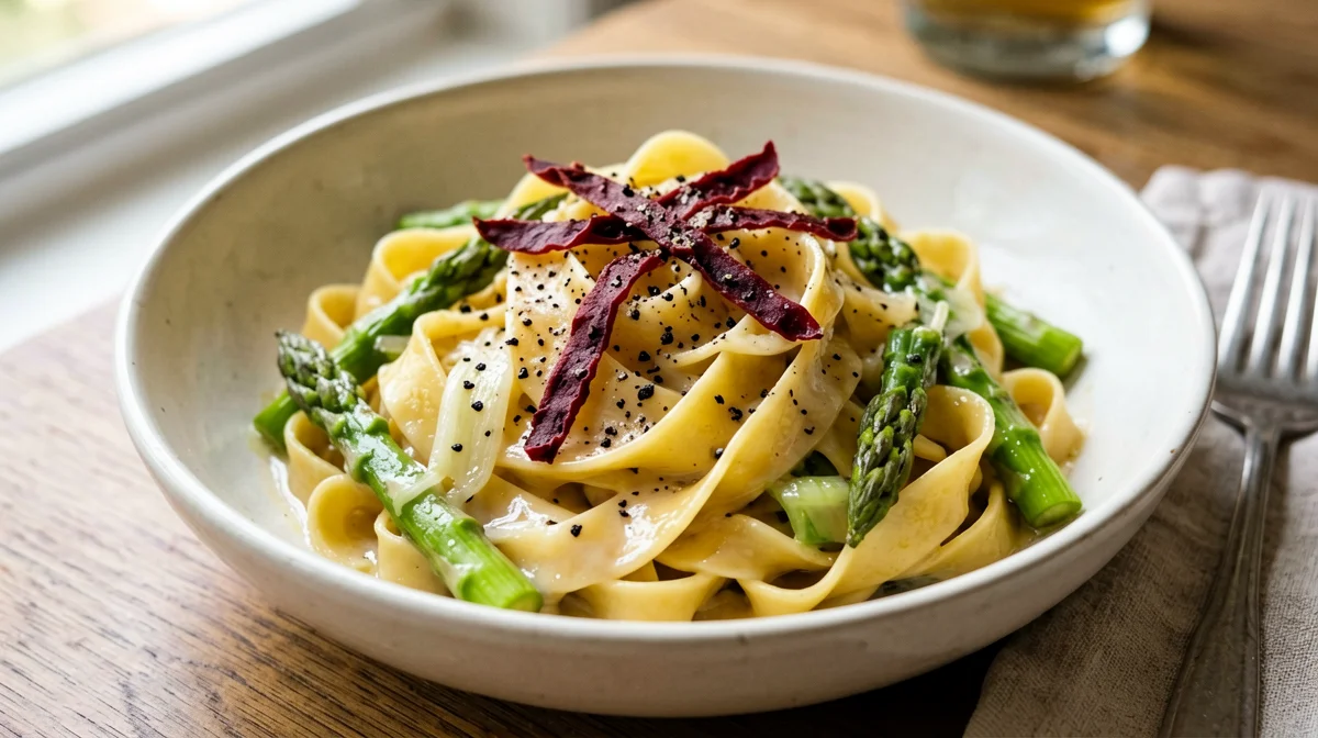 Tagliatelle con asparagi e speck croccante