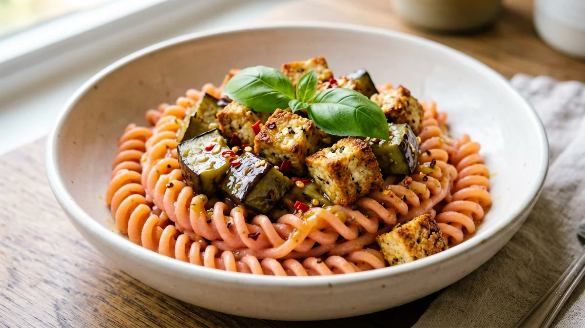 Fusilli di lenticchie con tofu, melanzane e basilico