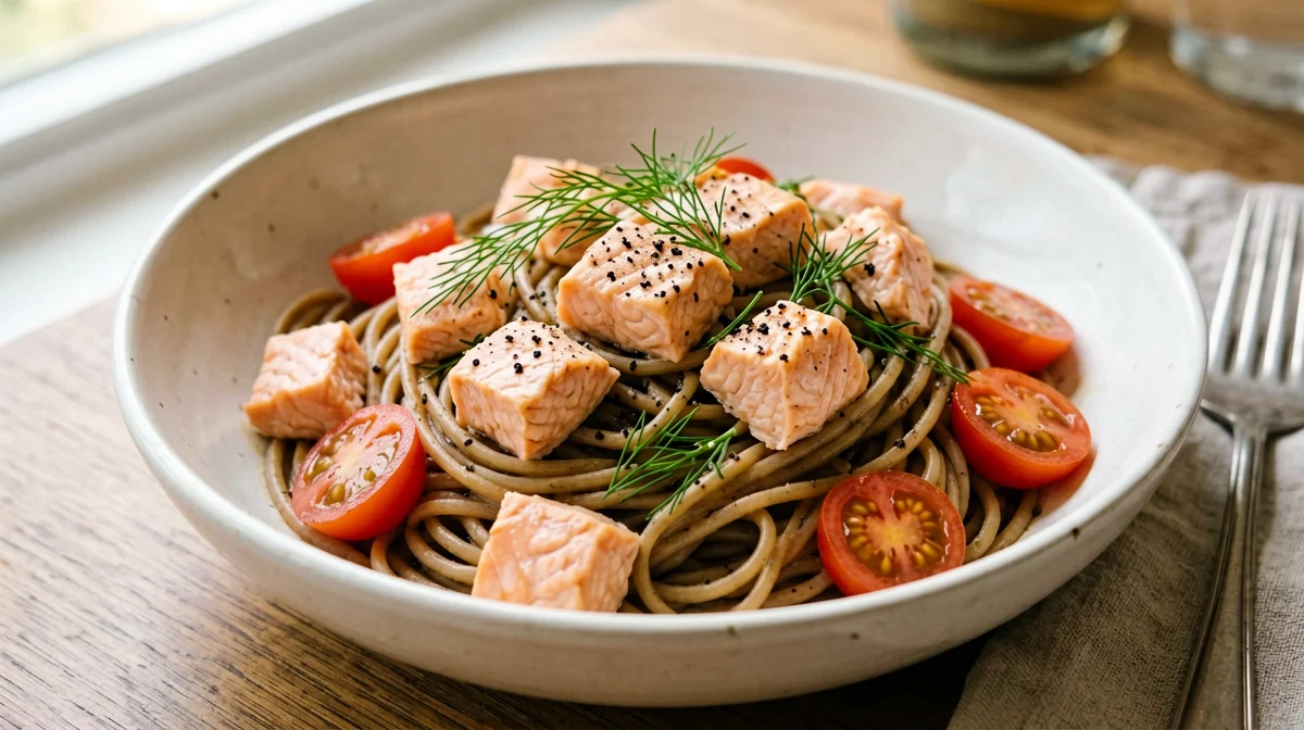 Pasta integrale con salmone, pomodorini e aneto