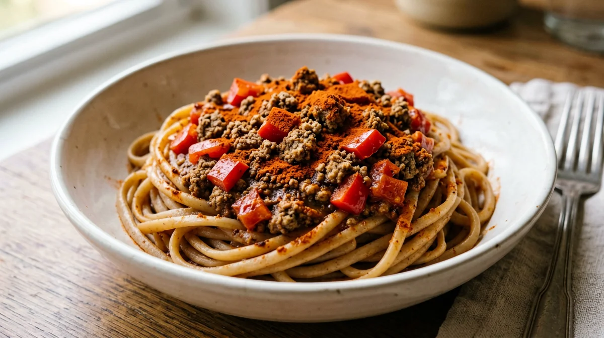 Pasta integrale con ragù di tempeh e peperoni
