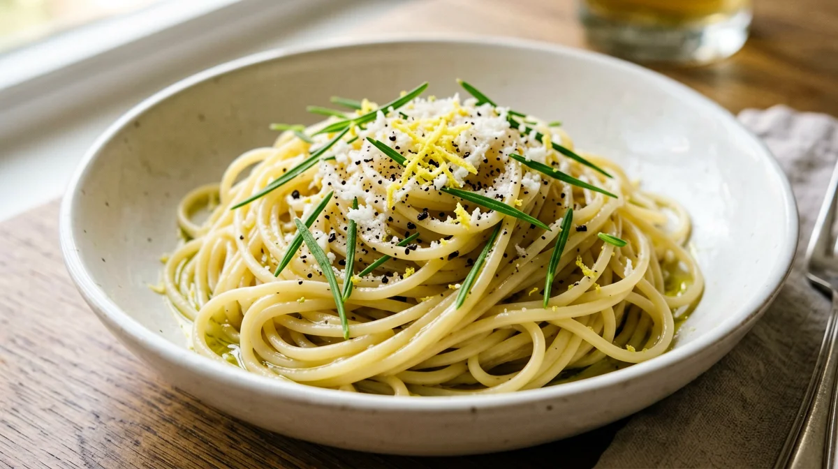 Spaghetti con agretti, limone e pecorino