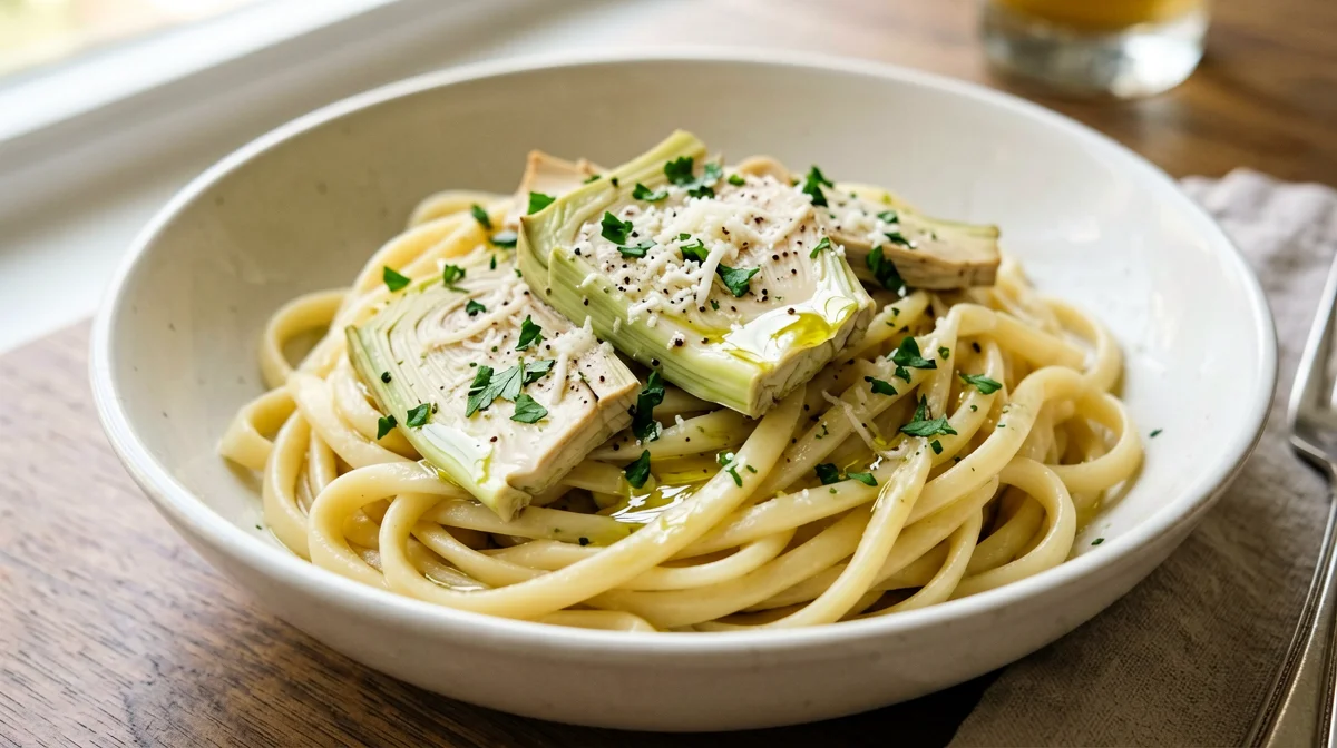 Gluten-free pasta with artichokes, lemon and parsley