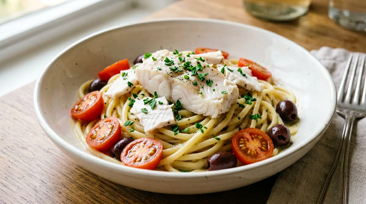 Pasta con orata, pomodorini e olive taggiasche