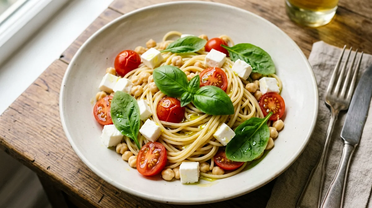 Caprese chickpea pasta with rocket