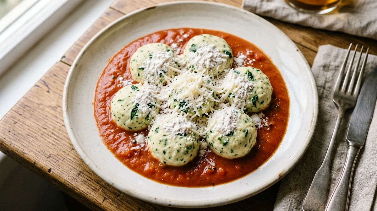 Gnudi di ricotta e spinaci al pomodoro