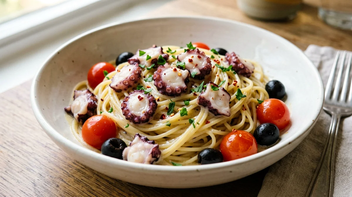 Spaghetti con polpo e olive
