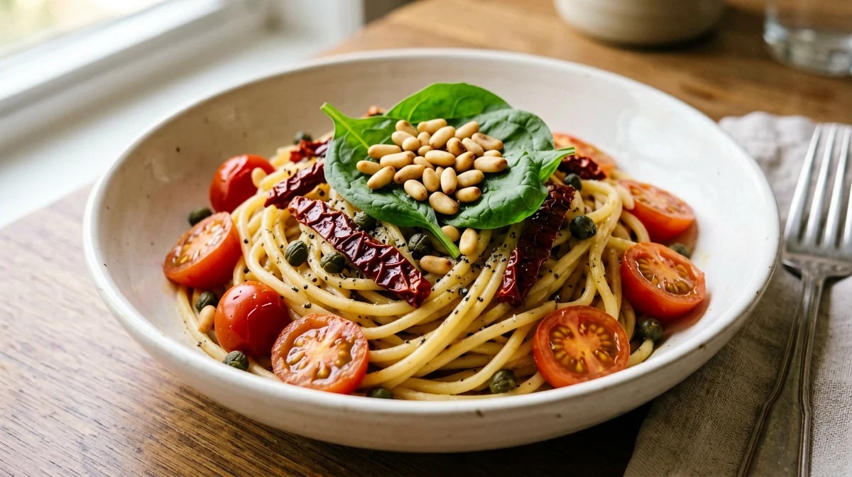 Pasta con pomodori secchi, rucola e pinoli