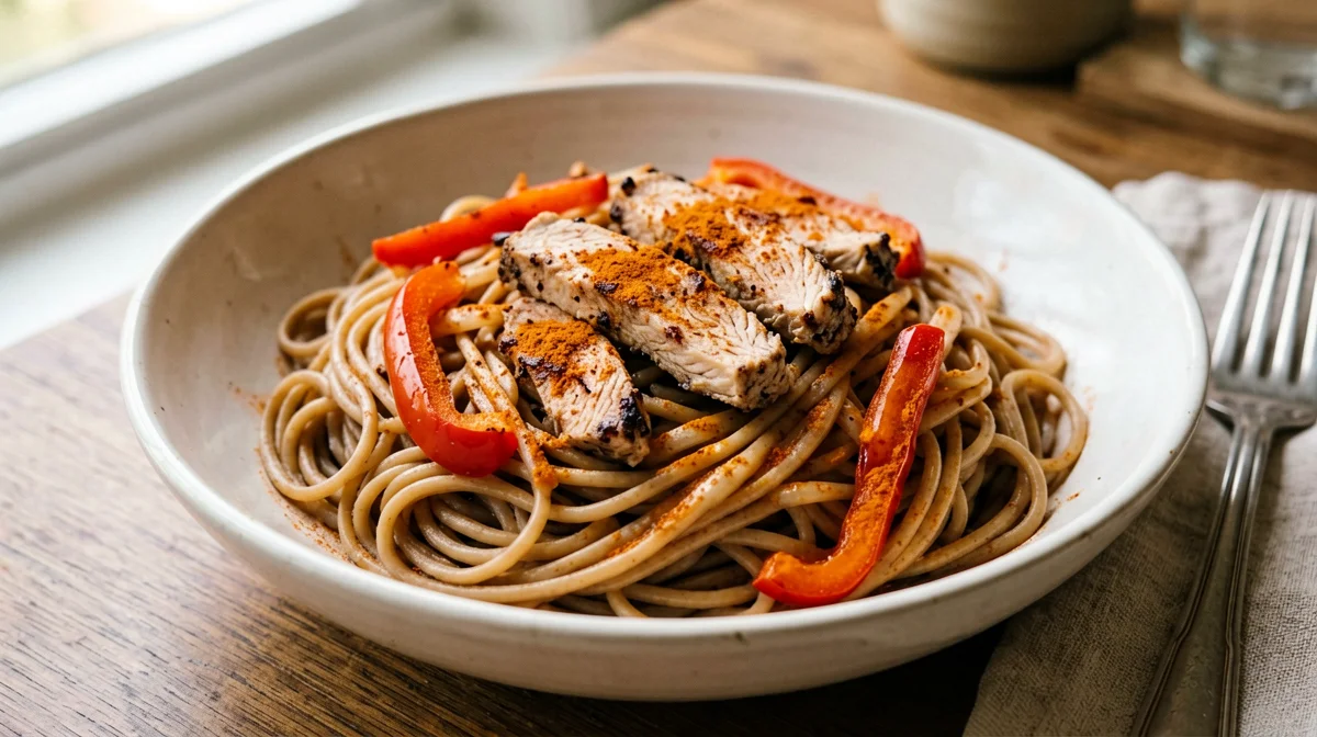 Pasta integrale con tacchino, peperoni e paprika