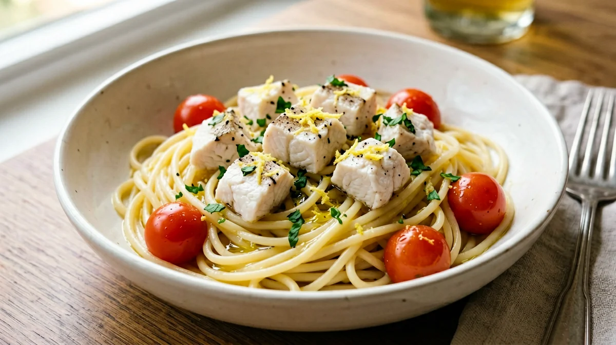 Gluten-free pasta with sea bass and lemon