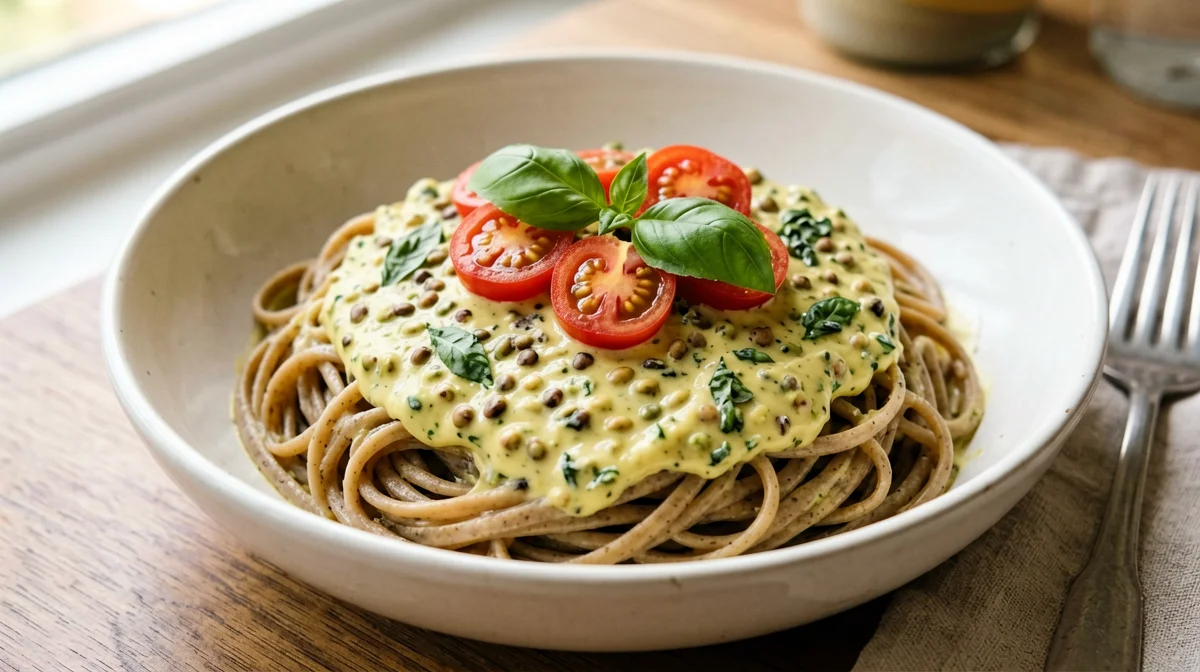 Pasta integrale al pesto di lupini e basilico