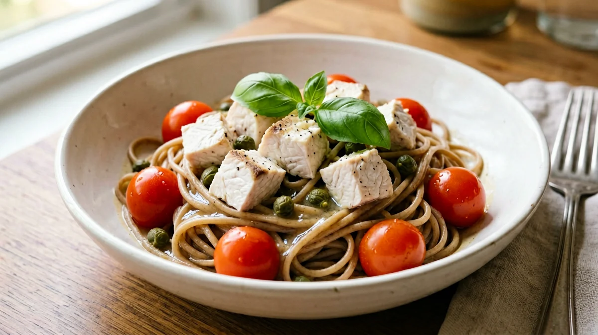 Pasta integrale con ricciola, pomodorini e capperi
