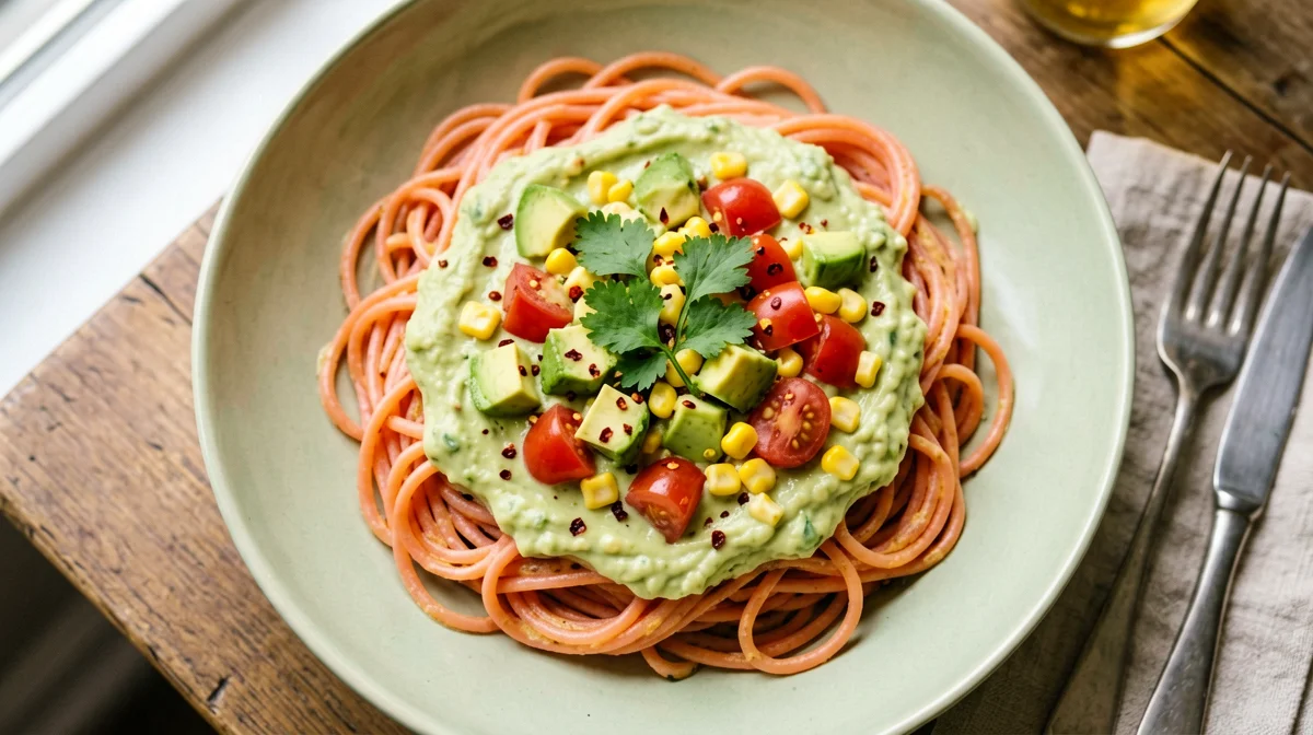 Red lentil pasta with avocado, corn and lime