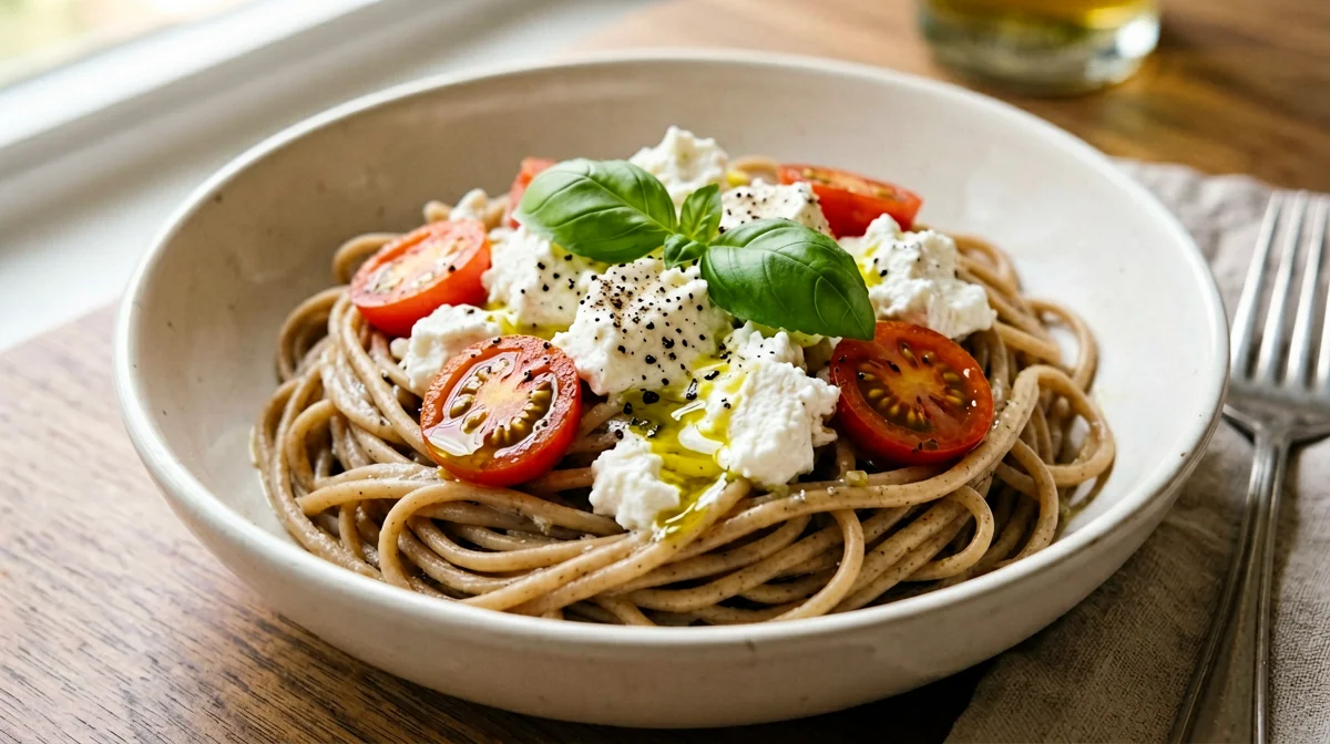 Pasta integrale con fiocchi di latte, pomodorini e basilico