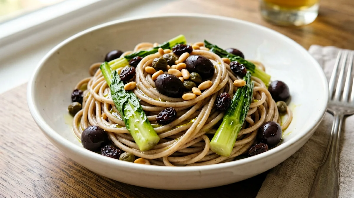 Pasta integrale con scarola, olive e capperi