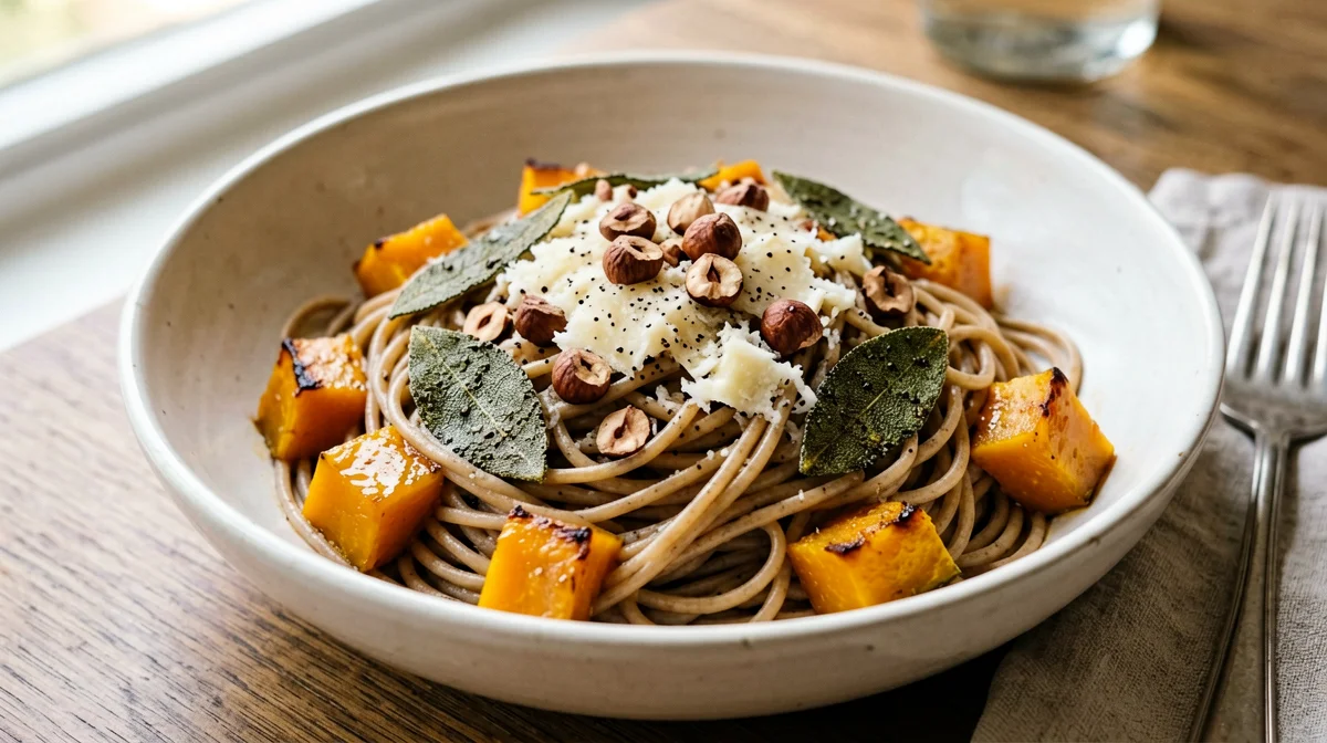 Pasta integrale con zucca, salvia e nocciole