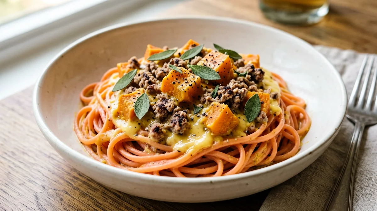 Pasta di lenticchie rosse con zucca e tacchino alla salvia