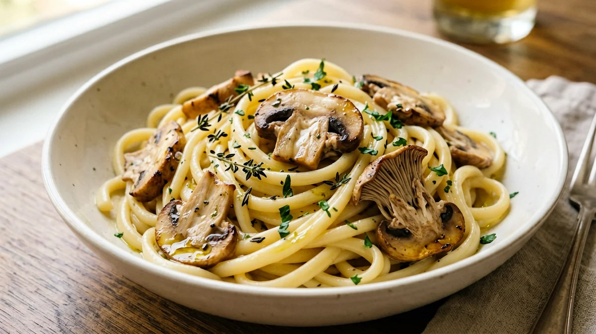 Gluten-free pasta with mixed mushrooms and thyme