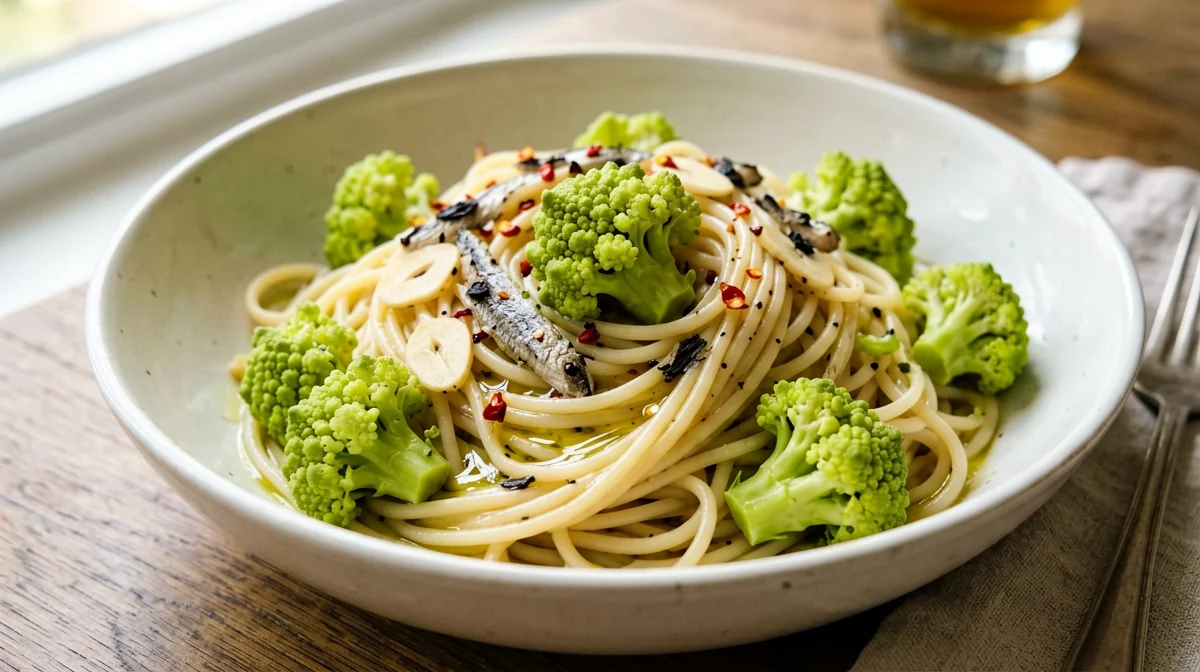 Pasta di ceci con broccolo romanesco e acciughe