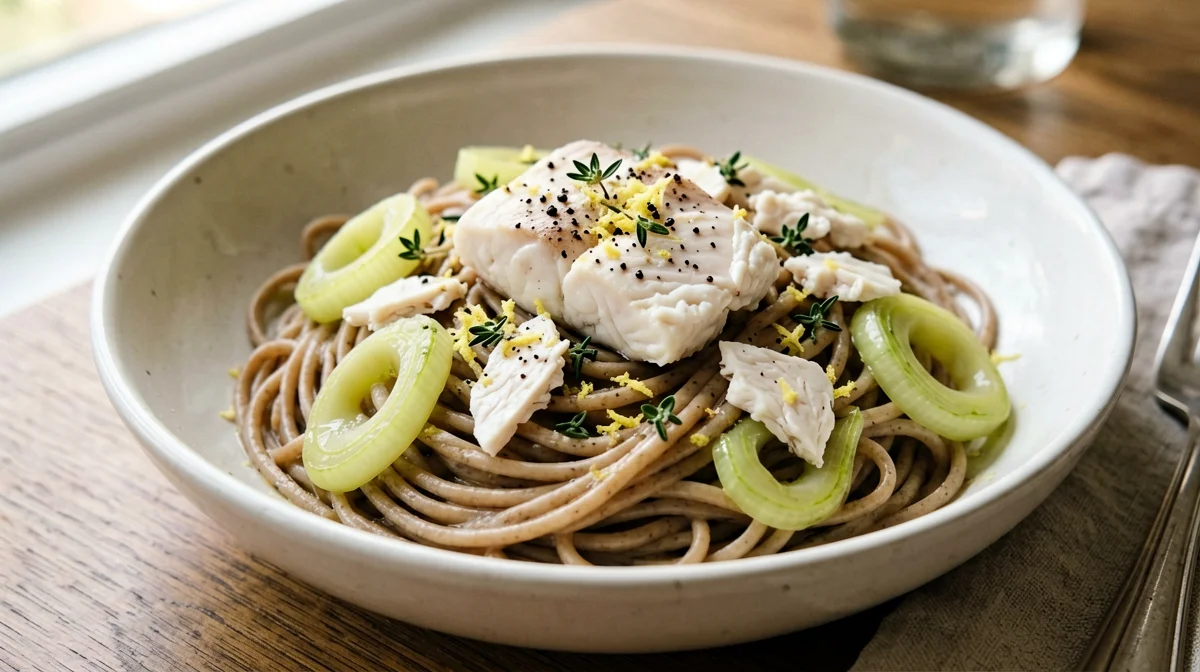 Whole wheat pasta with leeks and cod