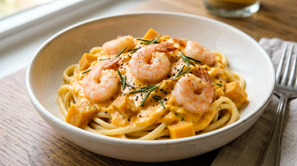 Pasta con zucca, gamberi e rosmarino