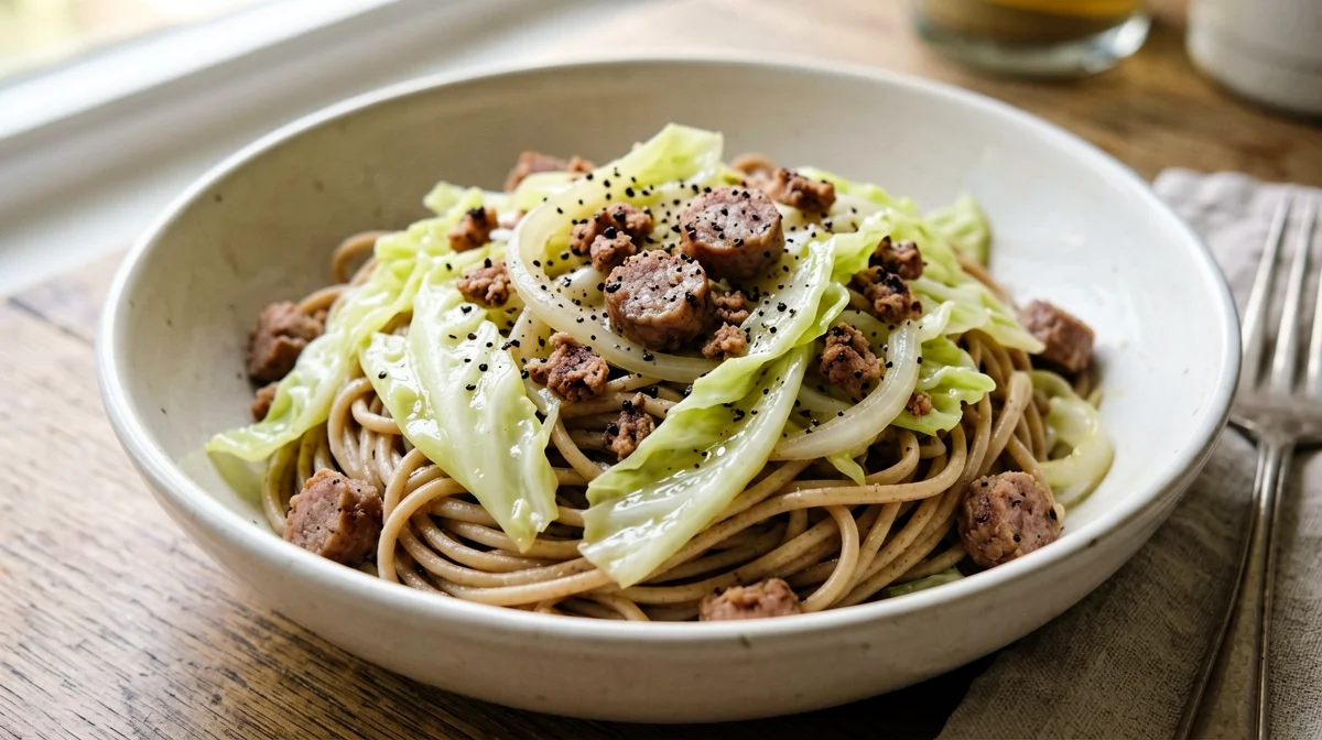 Pasta integrale con verza stufata e salsiccia