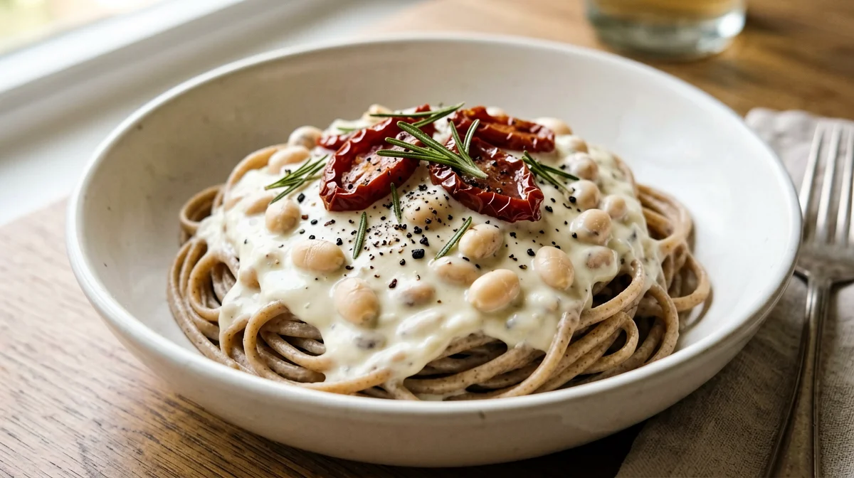 Pasta with cannellini cream, rosemary and sun-dried tomatoes