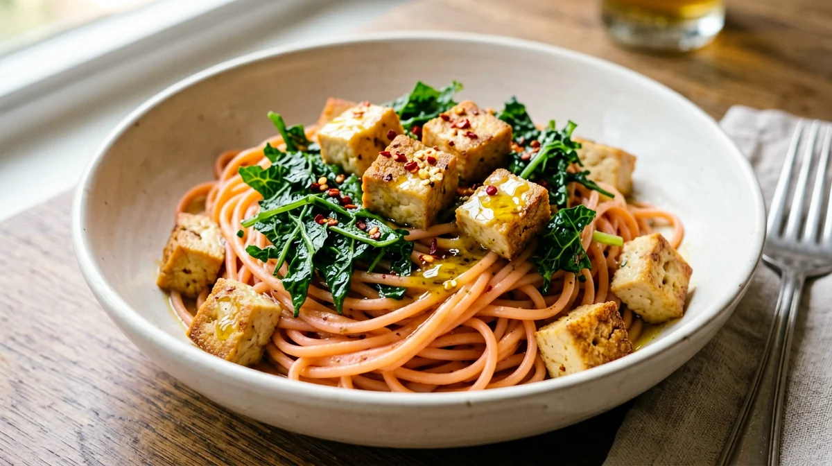 Red lentil pasta with cavolo nero and smoked tofu