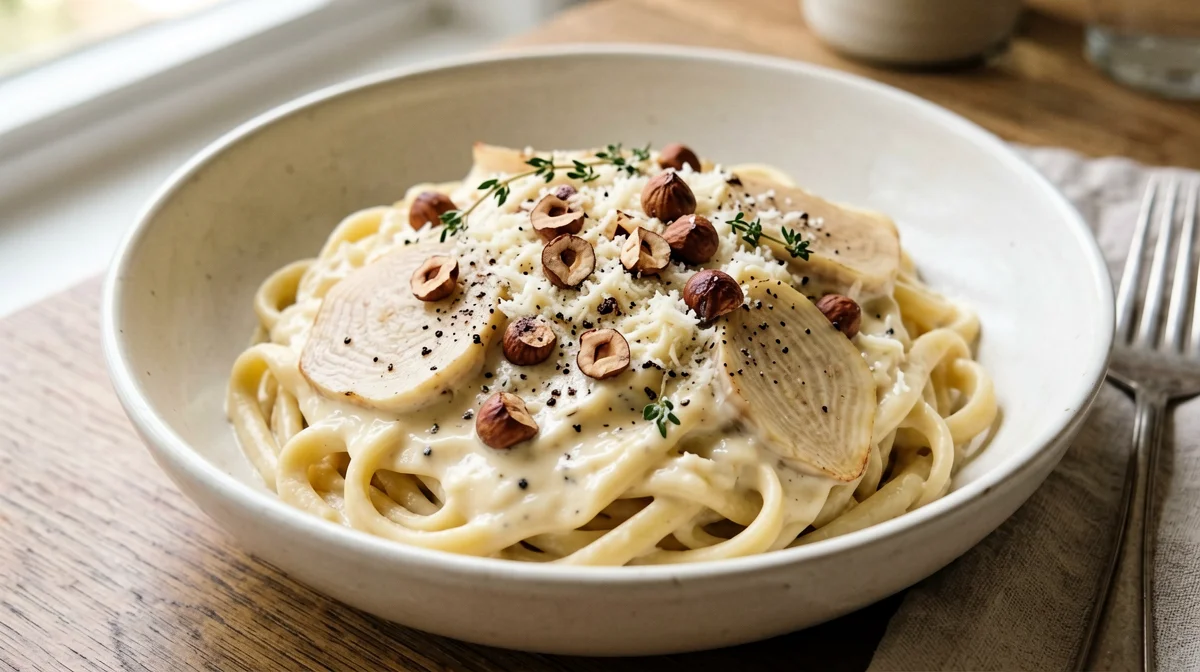 Pasta con topinambur e nocciole