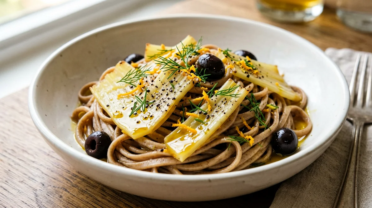 Pasta integrale con finocchi, arancia e olive