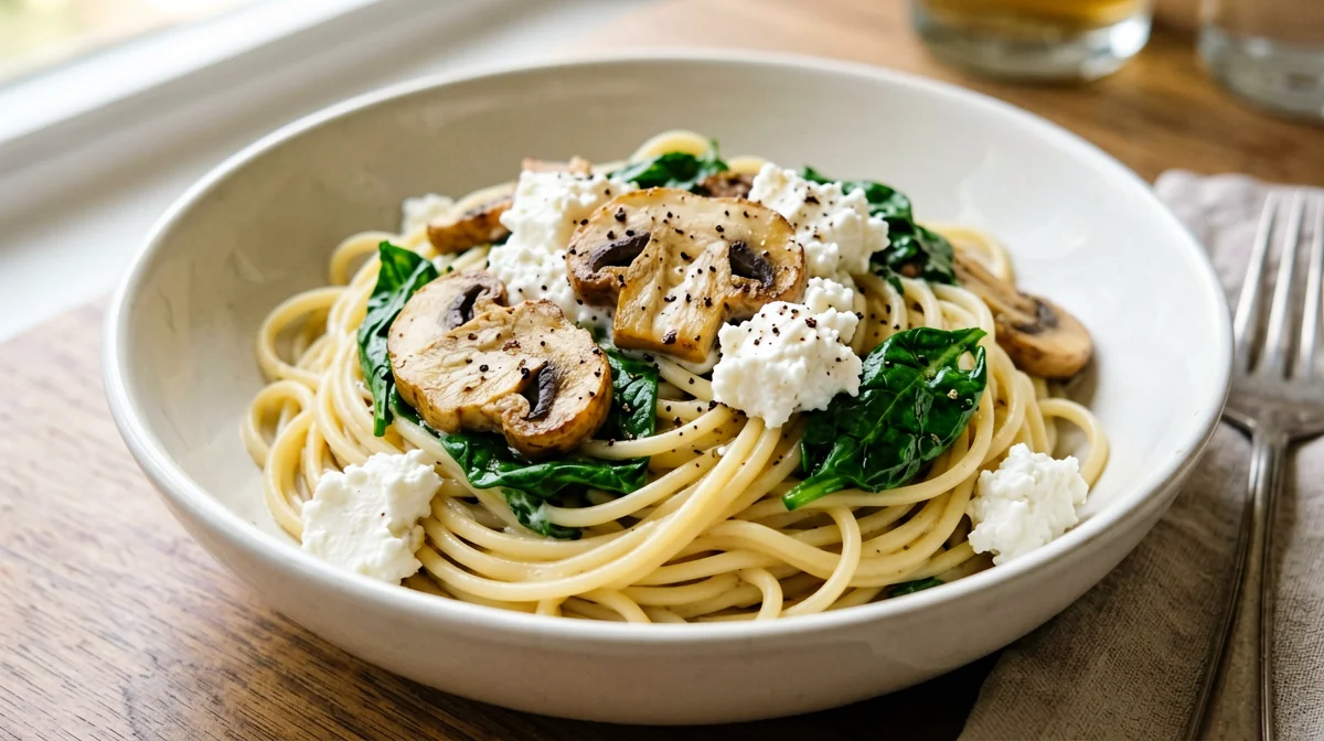 Pasta di ceci con funghi, spinaci e fiocchi di latte