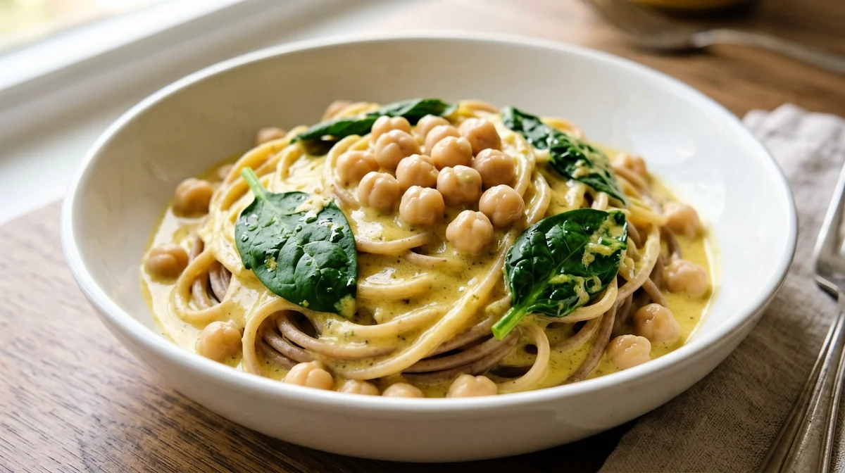 Pasta integrale con ceci, spinaci e latte di cocco al curry