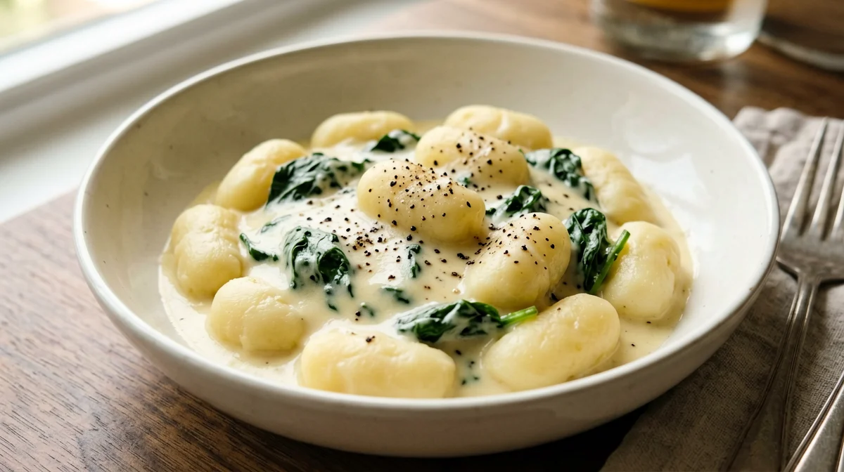 Gnocchi with spinach and light Asiago fondue