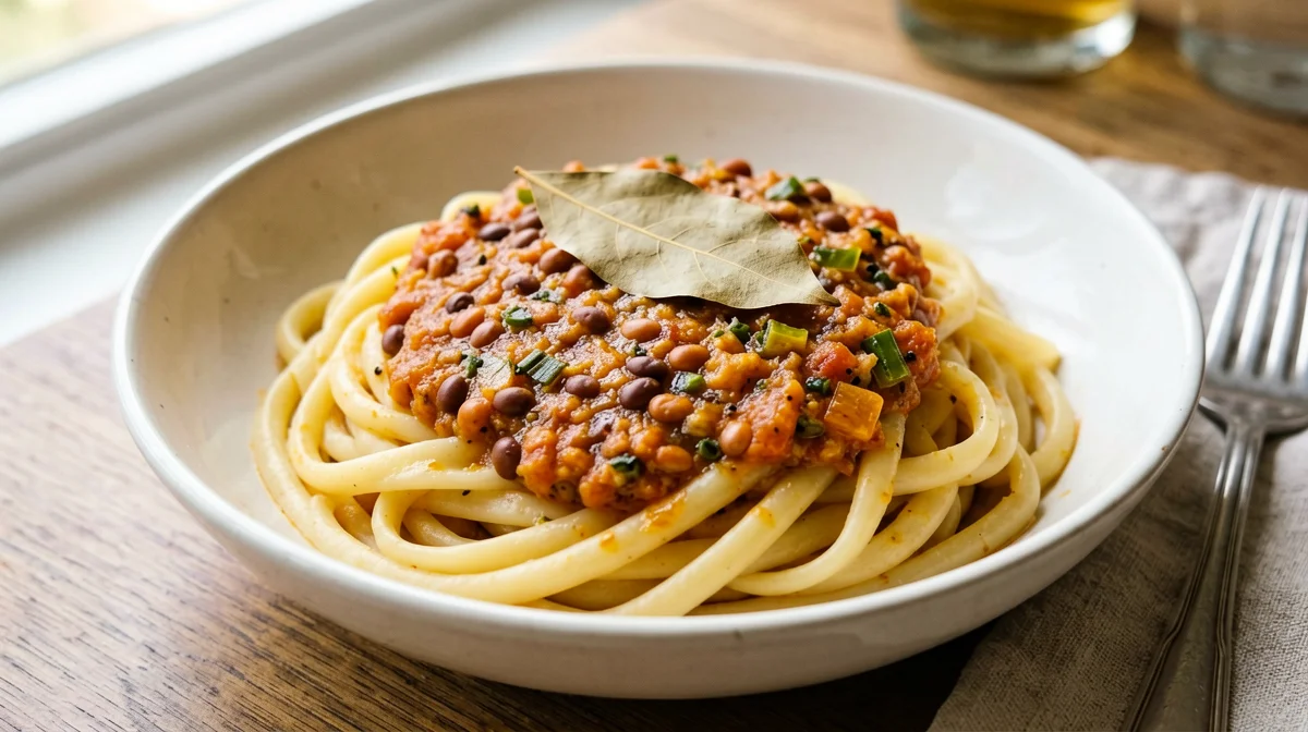 Gluten-free pasta with red lentil ragù