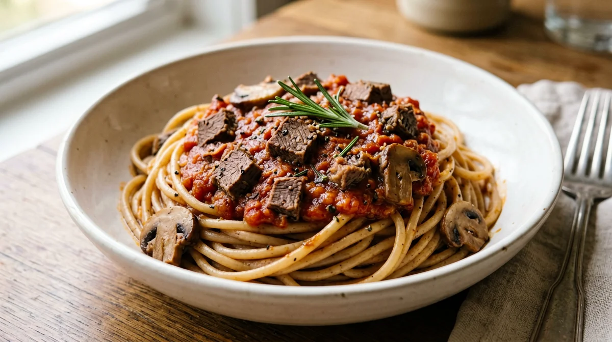 Whole wheat pasta with seitan and mushroom ragù