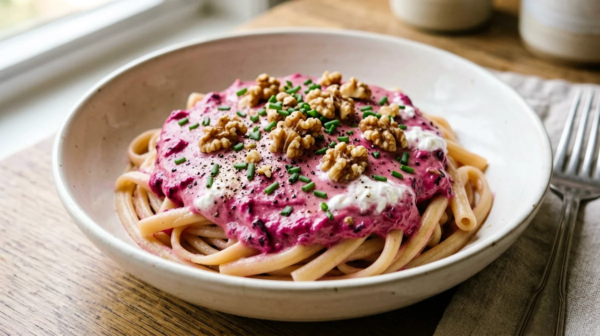 Pasta rosa con barbabietola, ricotta e noci