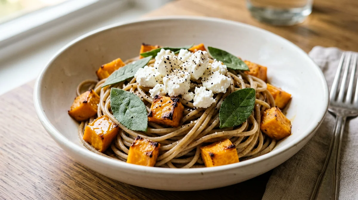 Whole wheat pasta with sweet potato, sage and feta