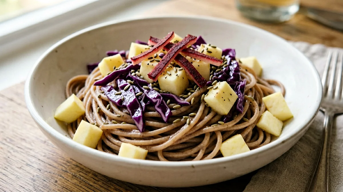 Whole wheat pasta with red cabbage, apple and speck