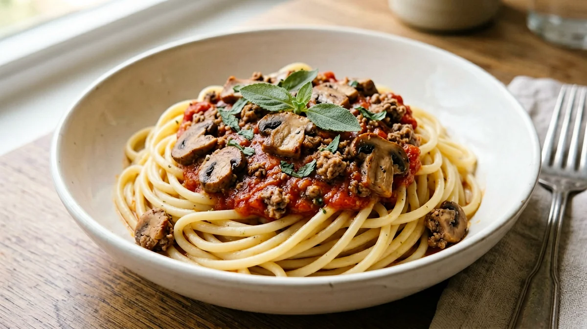 Pasta di ceci al ragù di pollo e funghi