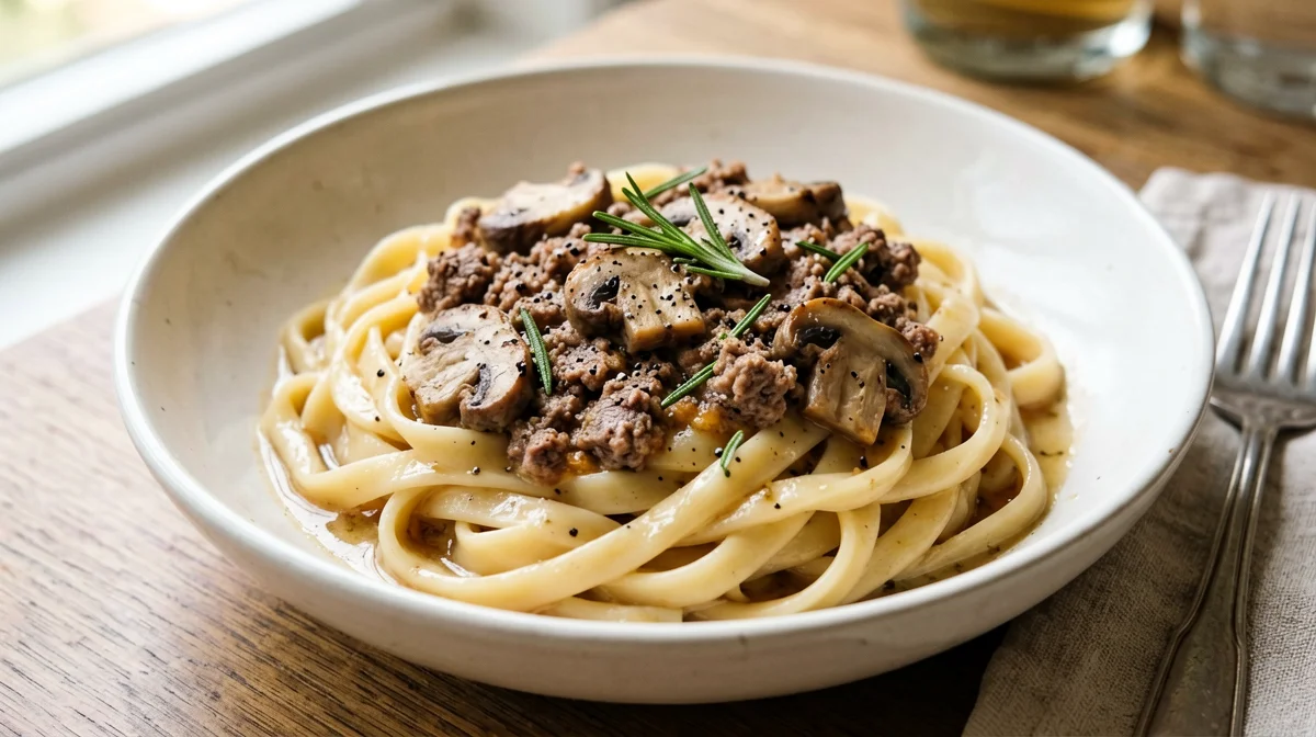 Pasta al ragù bianco di vitello e funghi