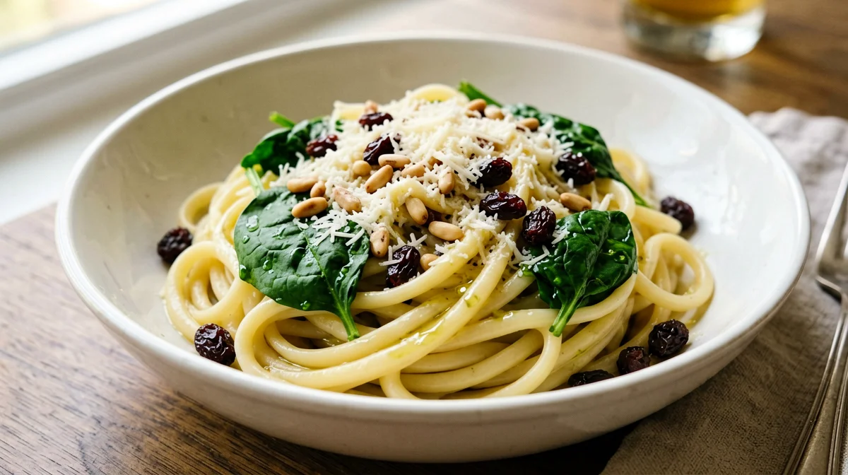 Pasta senza glutine con spinaci, pinoli e uvetta