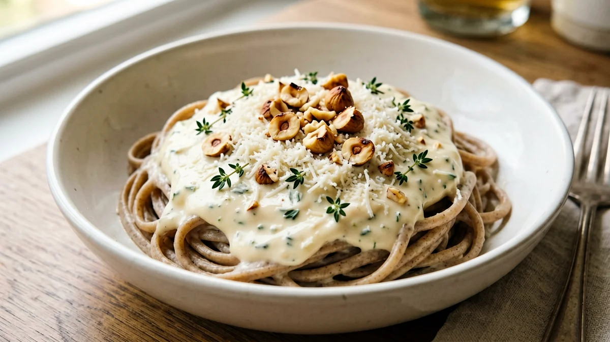 Pasta integrale con crema di sedano rapa e nocciole